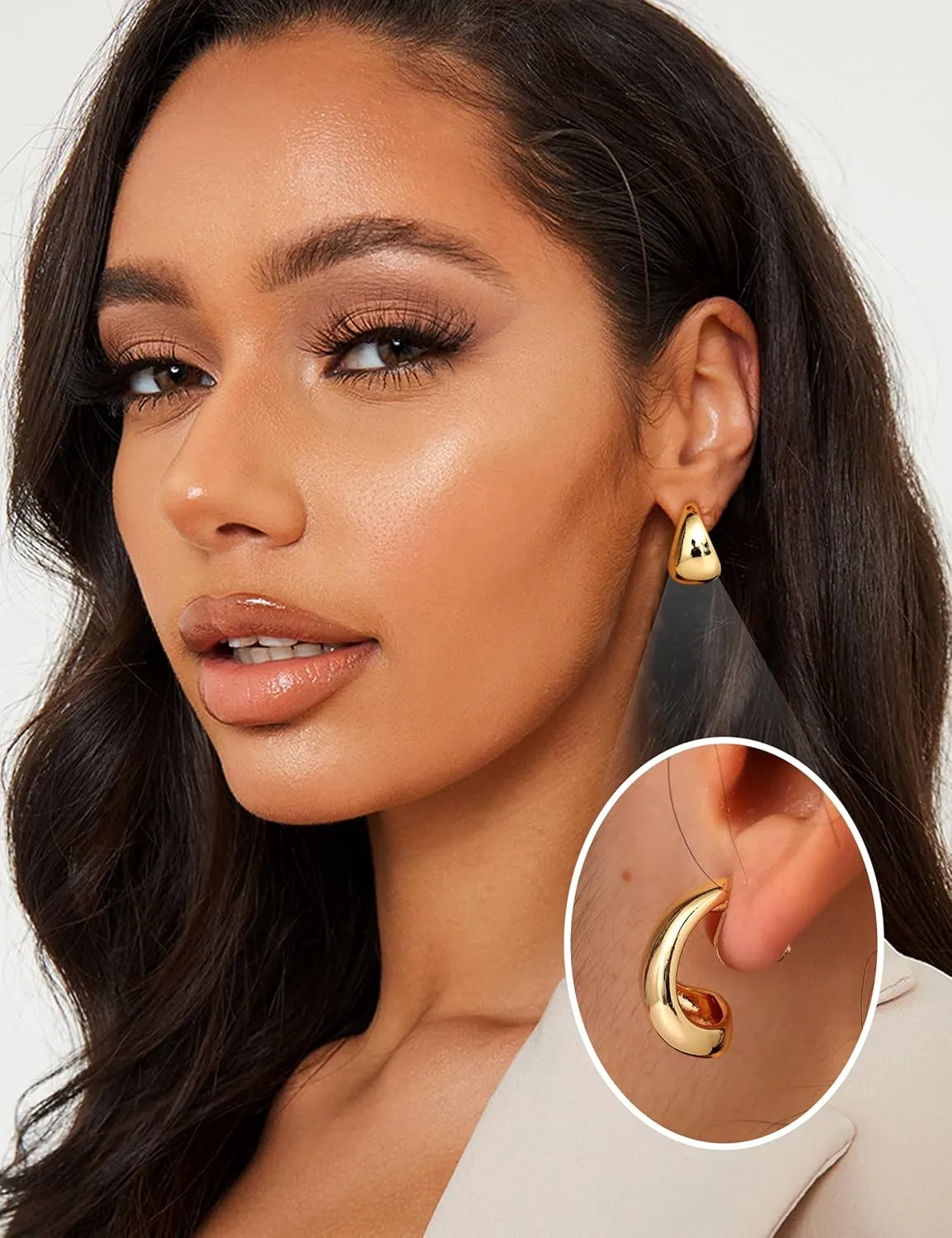 Gold Clip on Earrings for Women Hypoallergenic - 14K Gold Plated Chunky Tube Croissant Waterdrop Clip-on Hoop Earings Set Fake Non Pierced Ears Jewelry Trendy Gold/Silver 3-Pair