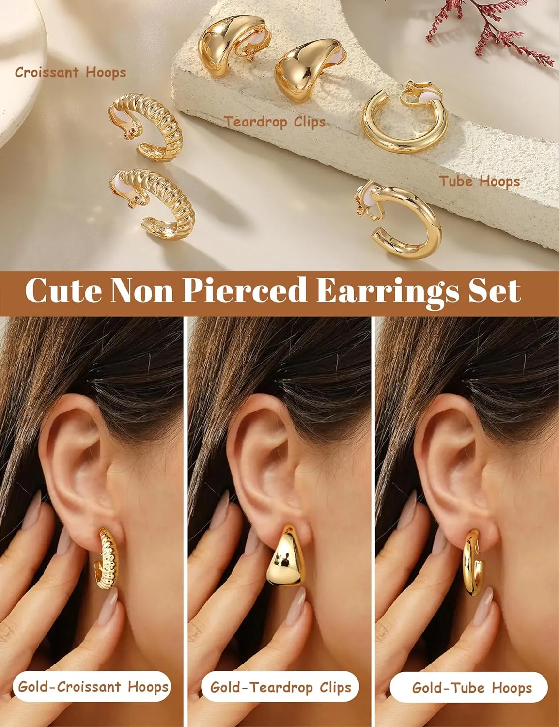 Gold Clip on Earrings for Women Hypoallergenic - 14K Gold Plated Chunky Tube Croissant Waterdrop Clip-on Hoop Earings Set Fake Non Pierced Ears Jewelry Trendy Gold/Silver 3-Pair