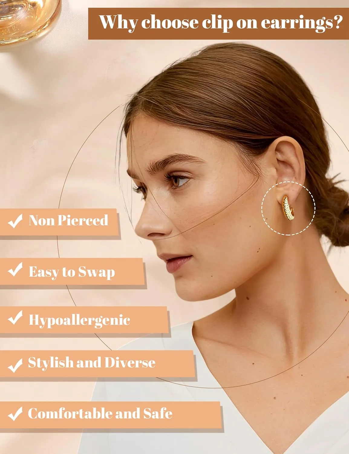 Gold Clip on Earrings for Women Hypoallergenic - 14K Gold Plated Chunky Tube Croissant Waterdrop Clip-on Hoop Earings Set Fake Non Pierced Ears Jewelry Trendy Gold/Silver 3-Pair