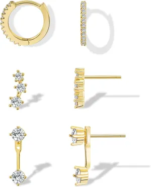 Gold Earrings for Women Trendy, Dainty Gold Stud Earrings 14K Gold Plated Climber Earrings Set Small Gold Hoop Earrings Cute Cartilage Earring Stacks Simple Earring Sets for Multiple Piercing