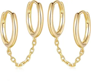 Gold Hoop Earrings 14K Gold Hoop Earrings for Women Double Chain Earring Double Piercings Hypoallergenic Womens Earring 12MM