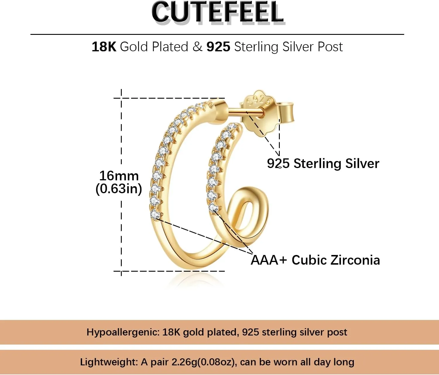 Gold Hoop Earrings for Women 925 Sterling Silver Post, 18K Gold Plated Huggie Earrings Hypoallergenic Jewelry Gift