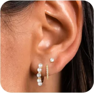 Gold Hoop Earrings for Women, Dainty 14k Gold Plated Drop Small Hoop Pearl Earrings Studs Set Trendy Dangle Cubic Zirconia Huggie Stacks Hypoallergenic Earrings Fashion Jewelry for Women