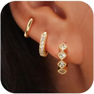 Gold Hoop Earrings Set for Women Chunky Hypoallergenic Open Huggie Hoops Earring Plated Stack Earring Lightweight Trendy Small Cute for Multiple Piercing