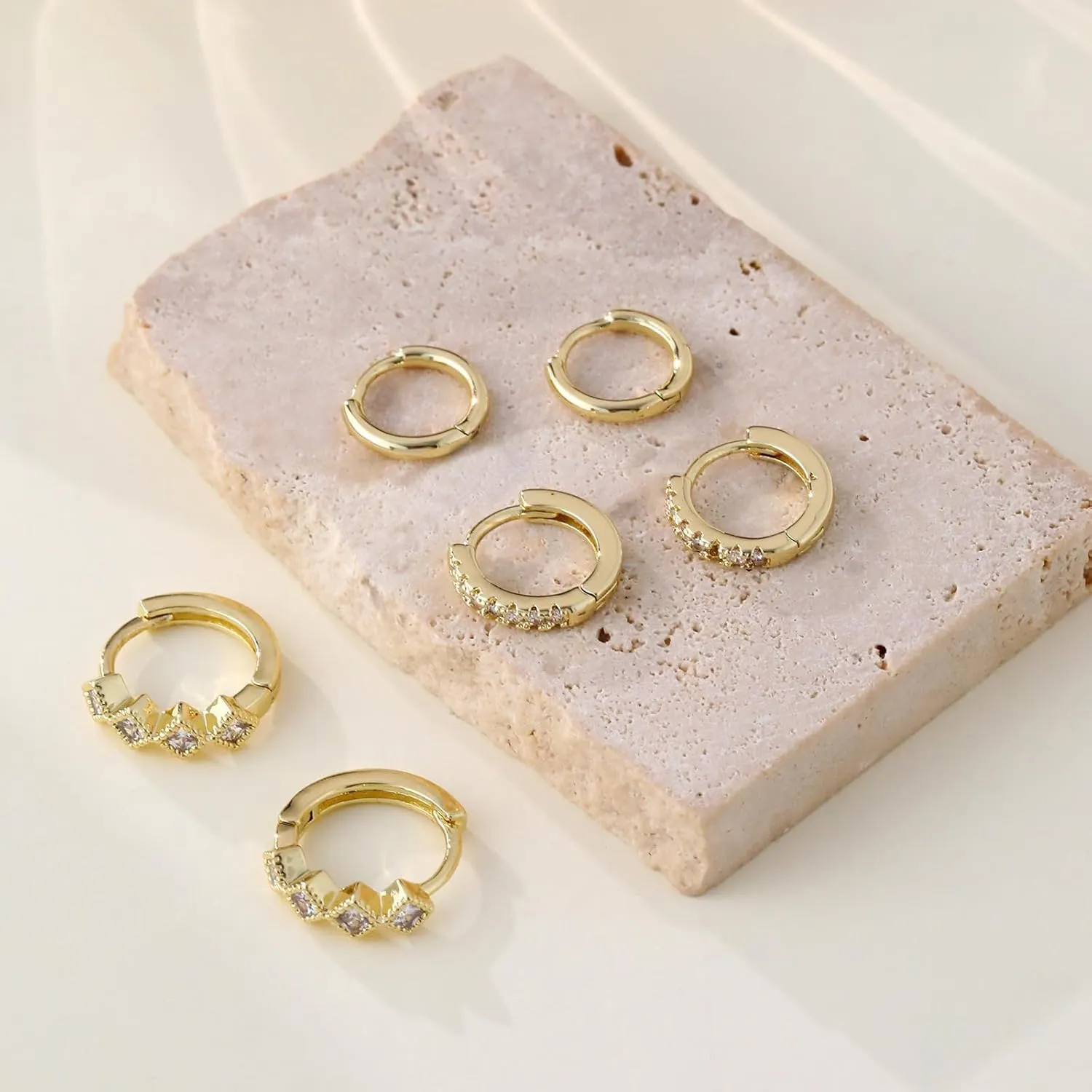 Gold Hoop Earrings Set for Women Chunky Hypoallergenic Open Huggie Hoops Earring Plated Stack Earring Lightweight Trendy Small Cute for Multiple Piercing