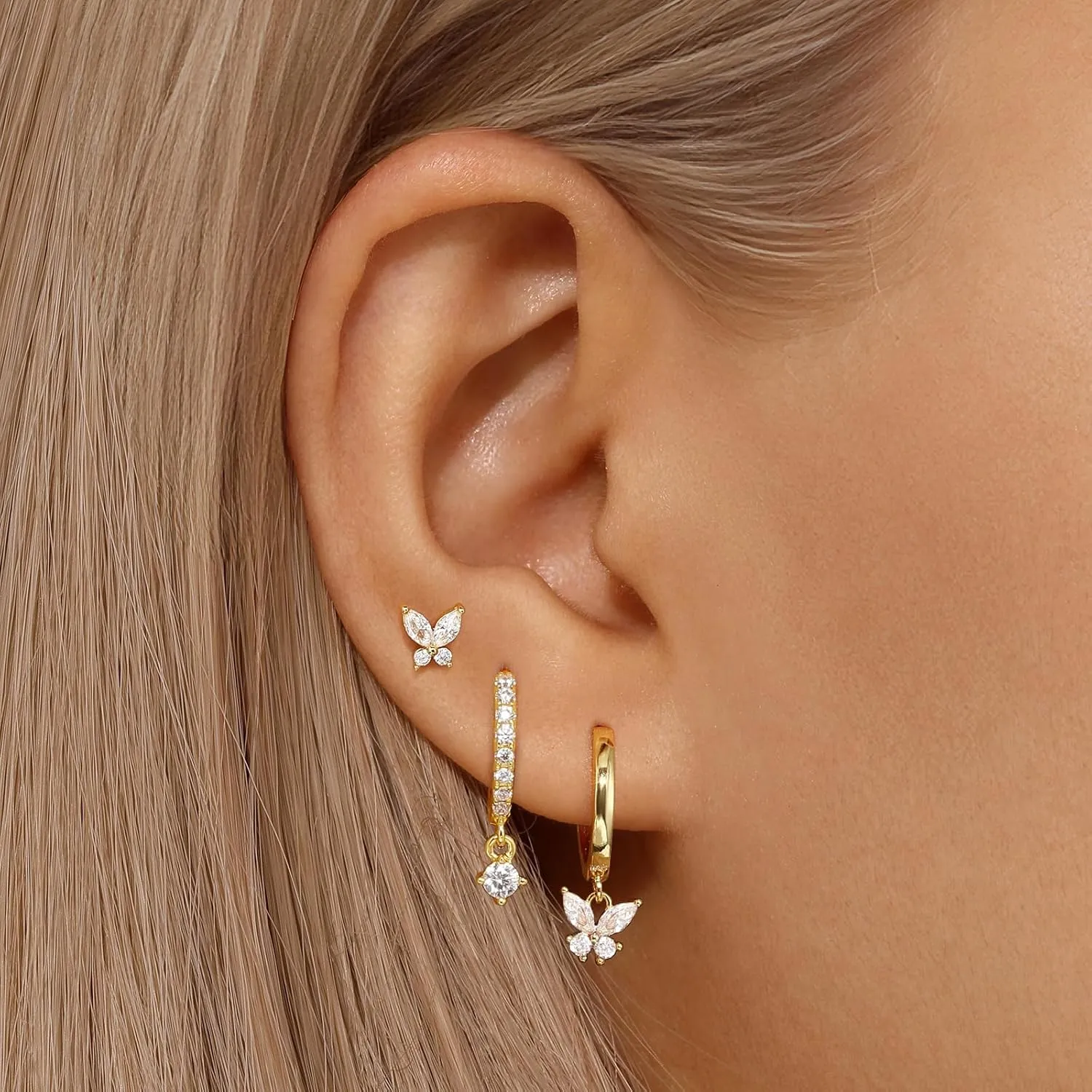Gold Hoop Earrings Set For Women,14k 925 Sterling Silver Pink Butterfly Earrings,Dainty Hoop Earring Stacks Jewelry,Earring Set Multiple Piercings Birthday Mother's Day Gift For Mom Wife