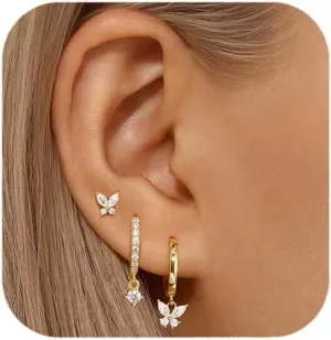 Gold Hoop Earrings Set For Women,14k 925 Sterling Silver Pink Butterfly Earrings,Dainty Hoop Earring Stacks Jewelry,Earring Set Multiple Piercings Birthday Mother's Day Gift For Mom Wife