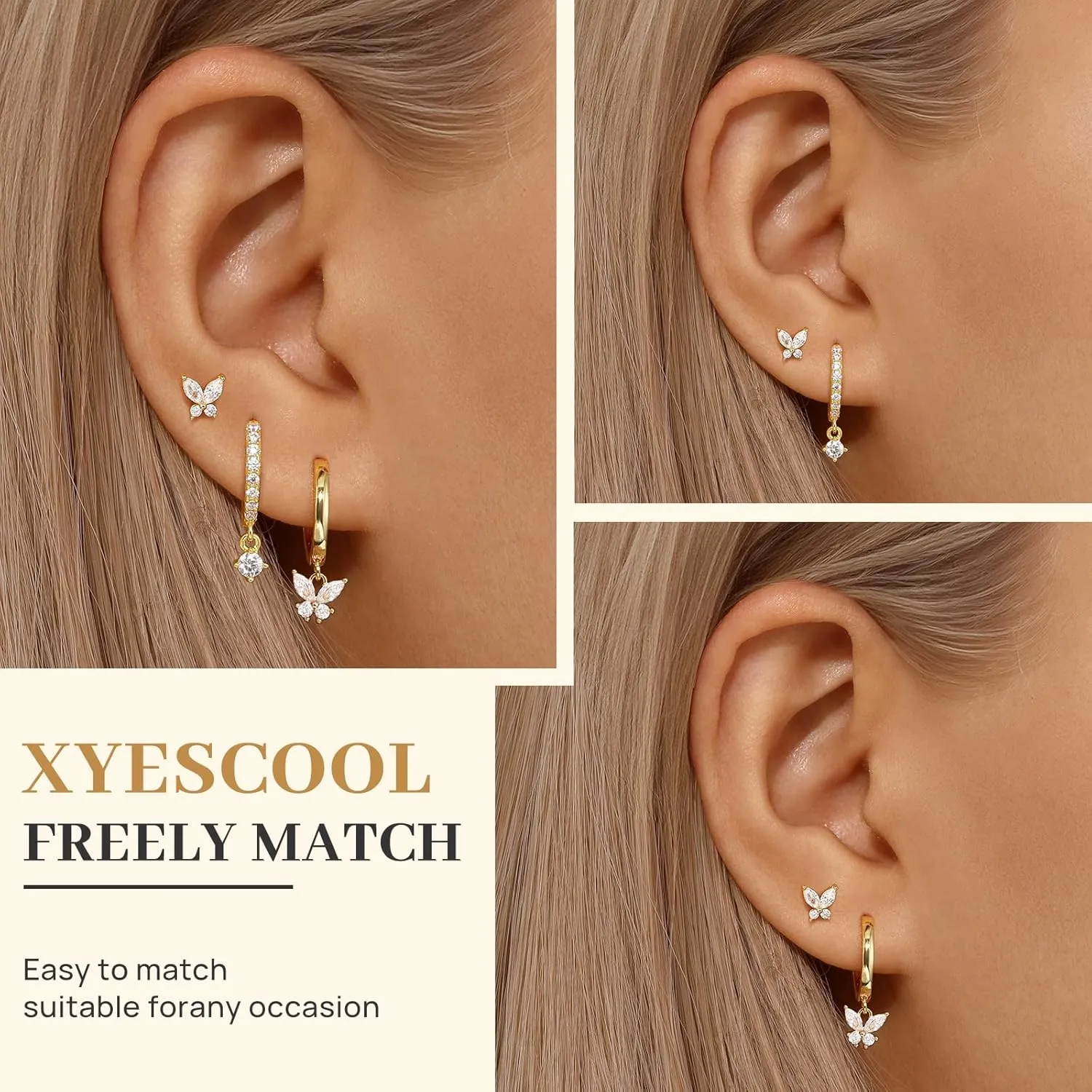 Gold Hoop Earrings Set For Women,14k 925 Sterling Silver Pink Butterfly Earrings,Dainty Hoop Earring Stacks Jewelry,Earring Set Multiple Piercings Birthday Mother's Day Gift For Mom Wife