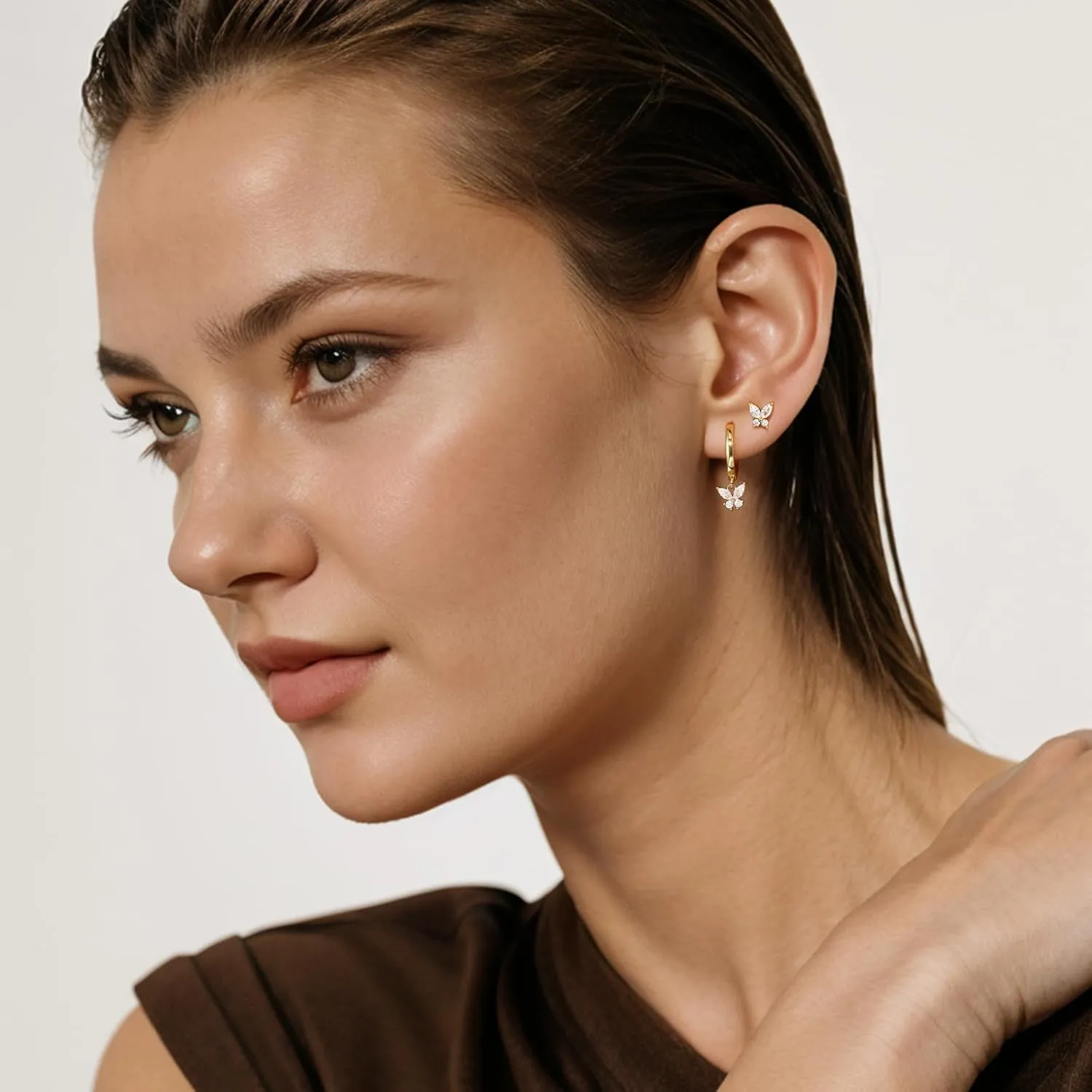 Gold Hoop Earrings Set For Women,14k 925 Sterling Silver Pink Butterfly Earrings,Dainty Hoop Earring Stacks Jewelry,Earring Set Multiple Piercings Birthday Mother's Day Gift For Mom Wife