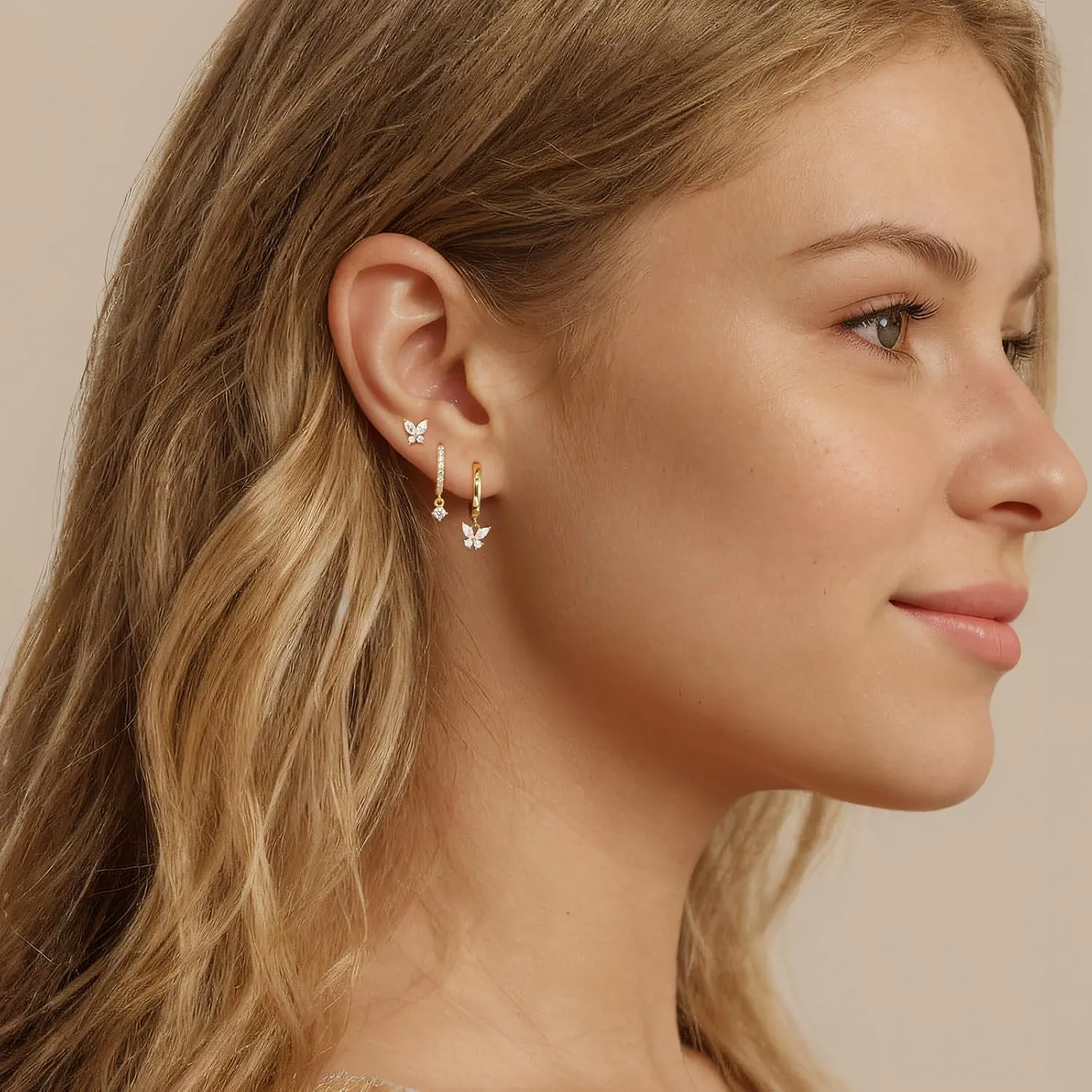 Gold Hoop Earrings Set For Women,14k 925 Sterling Silver Pink Butterfly Earrings,Dainty Hoop Earring Stacks Jewelry,Earring Set Multiple Piercings Birthday Mother's Day Gift For Mom Wife