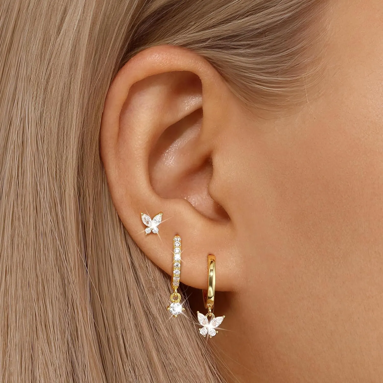 Gold Hoop Earrings Set For Women,14k 925 Sterling Silver Pink Butterfly Earrings,Dainty Hoop Earring Stacks Jewelry,Earring Set Multiple Piercings Birthday Mother's Day Gift For Mom Wife