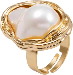 Gold Irregular Pearl Rings for Women 18K Gold Baroque Pearl Ring Silver Pearl Statement Ring Adjustable Chunky Pearl Rings Fashion Wedding Jewelry for Women