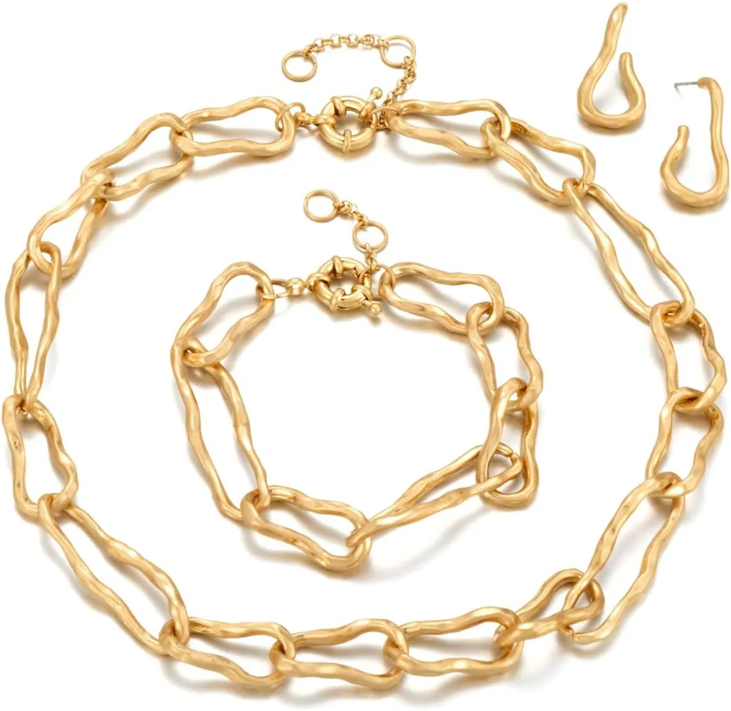 Gold Jewelry Set for Women,Link Chain Necklace with Gold Chain Bracelet and Earring,Great Gift for Women