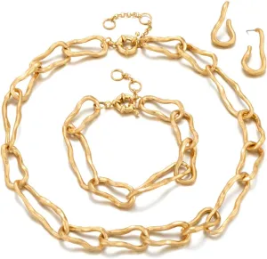Gold Jewelry Set for Women,Link Chain Necklace with Gold Chain Bracelet and Earring,Great Gift for Women