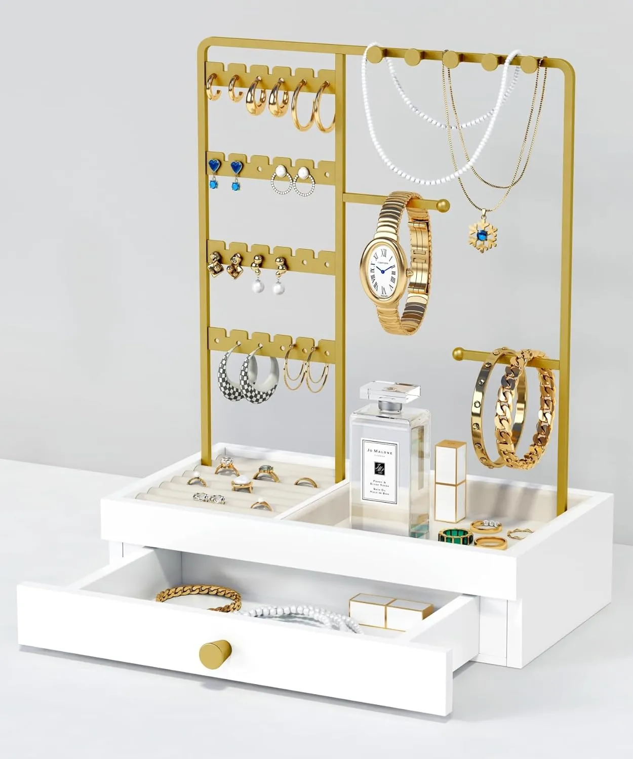 Gold Jewelry Stand Organizer Necklace Holder, Birthday Gifts for Women Girls, Small Jewelry Stand for Earrings Rings Bracelets, Velvet Jewelry Hanger Tree, Mothers Day Gifts - White and Gold