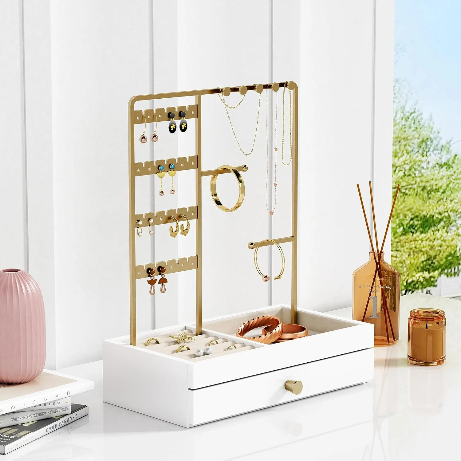 Gold Jewelry Stand Organizer Necklace Holder, Birthday Gifts for Women Girls, Small Jewelry Stand for Earrings Rings Bracelets, Velvet Jewelry Hanger Tree, Mothers Day Gifts - White and Gold