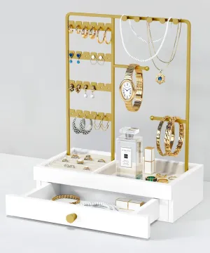 Gold Jewelry Stand Organizer Necklace Holder, Birthday Gifts for Women Girls, Small Jewelry Stand for Earrings Rings Bracelets, Velvet Jewelry Hanger Tree, Mothers Day Gifts - White and Gold