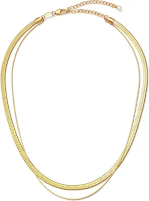 Gold Layered Herringbone Necklace for Women, 18K Gold PVD Coated Stainless Steel Double Chain Necklace, Trendy Adjustable Jewelry Gift for Layering