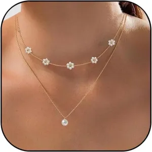 Gold Pearl Necklace for Women Layered Pearl Daisy Choker Flower Lariat Long Y Necklace Dainty Jewelry Gifts