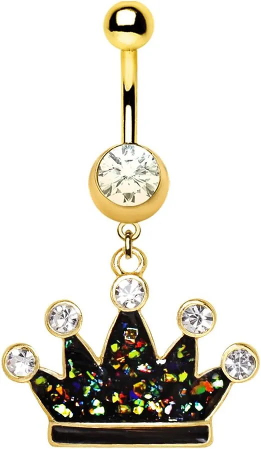 Gold Plated Glitter Epoxy Crown Dangle Navel Ring