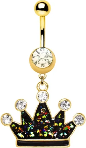 Gold Plated Glitter Epoxy Crown Dangle Navel Ring