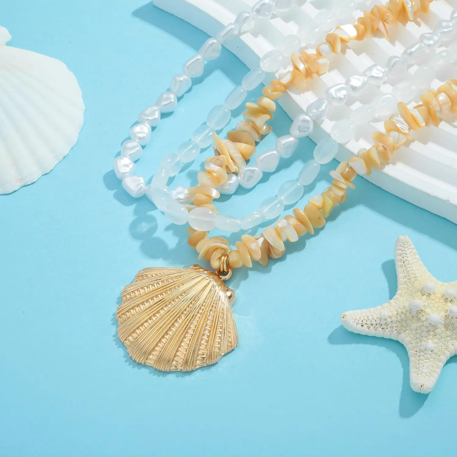 Gold Seashell Necklace For Women With Beach Sand And Bead Starfish Choker Necklace Ocean Chains Necklace Fashion Summer Necklace Jewelry