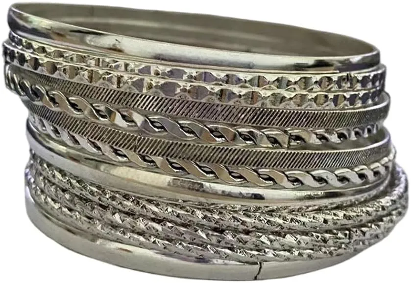 Gold Silver Plated Bangle Bracelets Set for Women Boho Indian Multi Layer Stackable Textured Bracelet Vintage Chunky Bangle for Friend Birthday Party Jewelry
