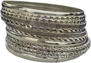 Gold Silver Plated Bangle Bracelets Set for Women Boho Indian Multi Layer Stackable Textured Bracelet Vintage Chunky Bangle for Friend Birthday Party Jewelry