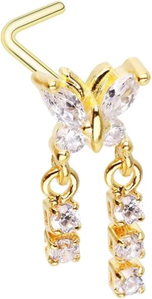 Golden Butterfly CZ Double Dangle Gem L-Shape Nose Ring