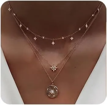 Golden Star Necklace Boho Layered Necklace Coin Pendant Choker Jewelry for Women