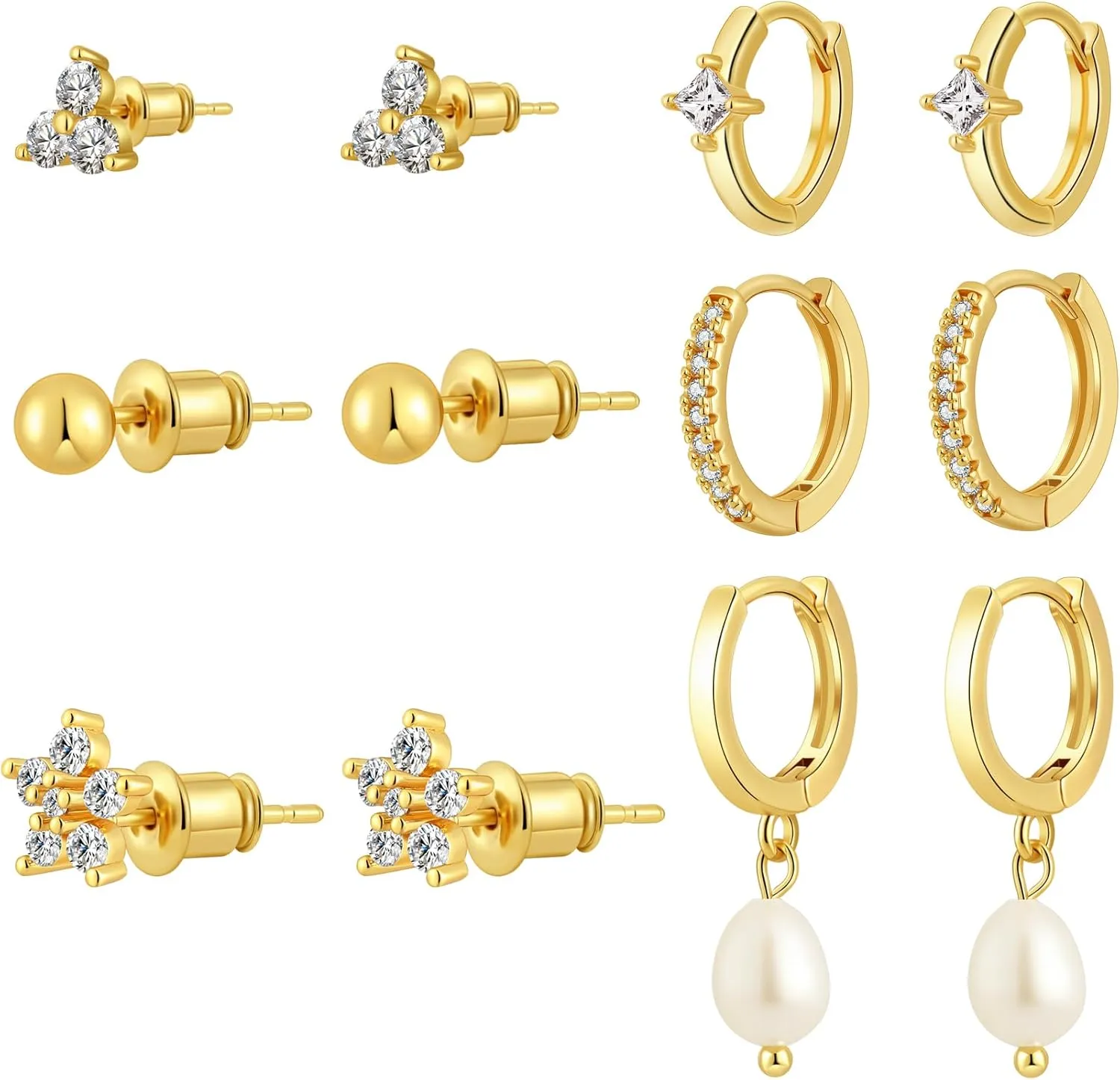 Gold/Silver Hoop Earrings for Women - 14K Plated Stackable Sets for Multiple Piercing, Dainty Cute Huggie Flat Back Stud Jewelry for Gift