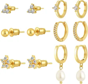 Gold/Silver Hoop Earrings for Women - 14K Plated Stackable Sets for Multiple Piercing, Dainty Cute Huggie Flat Back Stud Jewelry for Gift