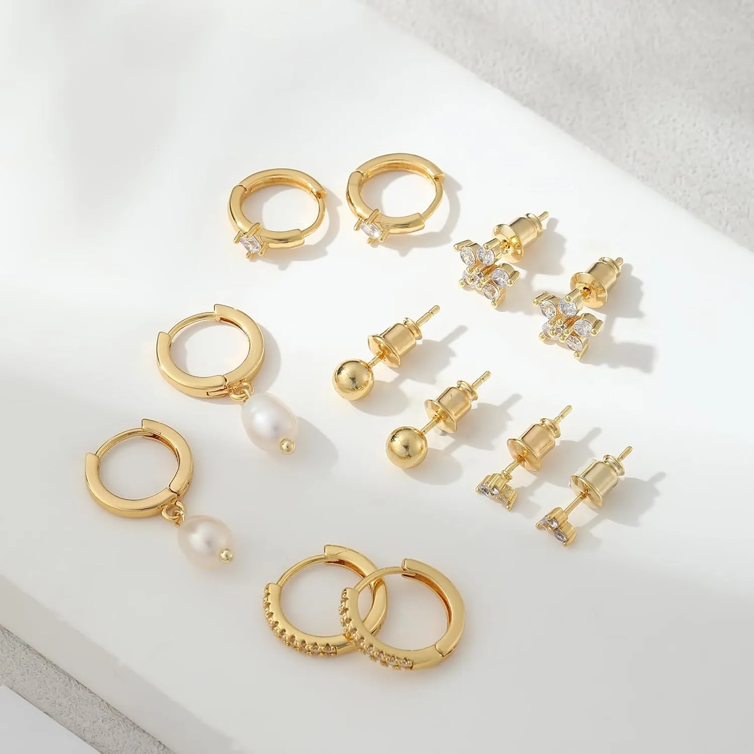 Gold/Silver Hoop Earrings for Women - 14K Plated Stackable Sets for Multiple Piercing, Dainty Cute Huggie Flat Back Stud Jewelry for Gift