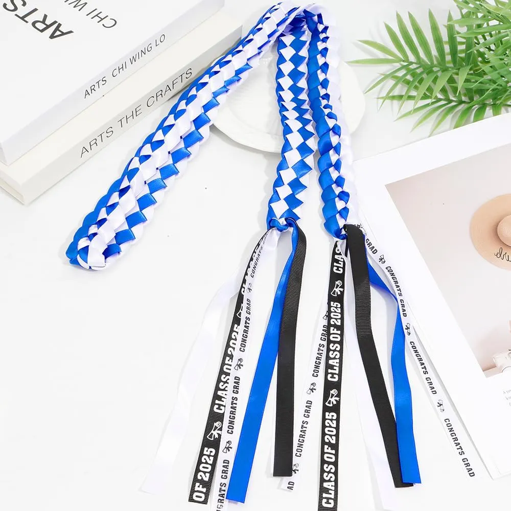 Graduation Decorations 2025, Blue White Graduation Leis Class of 2025, Double Braided Necklace Handmade Graduation Honor Cord Ribbon Sash Stole Tassel for Congrats Grad Party Favors Supplies Decor