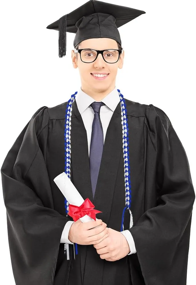 Graduation Decorations 2025, Blue White Graduation Leis Class of 2025, Double Braided Necklace Handmade Graduation Honor Cord Ribbon Sash Stole Tassel for Congrats Grad Party Favors Supplies Decor