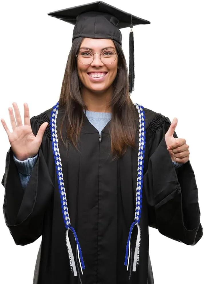 Graduation Decorations 2025, Blue White Graduation Leis Class of 2025, Double Braided Necklace Handmade Graduation Honor Cord Ribbon Sash Stole Tassel for Congrats Grad Party Favors Supplies Decor