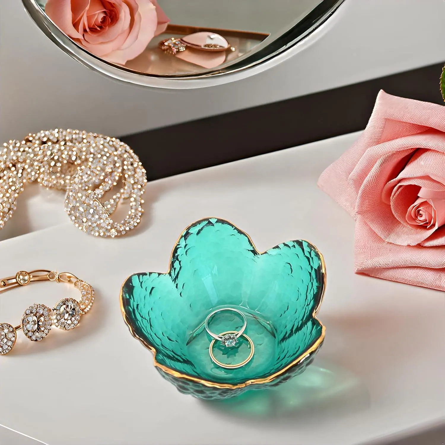 Green Flower Ring Dish Jewelry Tray, Small Glass Trinket Tray for Rings Earrings, Present for Wife Mom Daughter Women