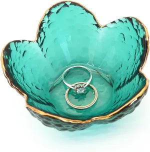 Green Flower Ring Dish Jewelry Tray, Small Glass Trinket Tray for Rings Earrings, Present for Wife Mom Daughter Women