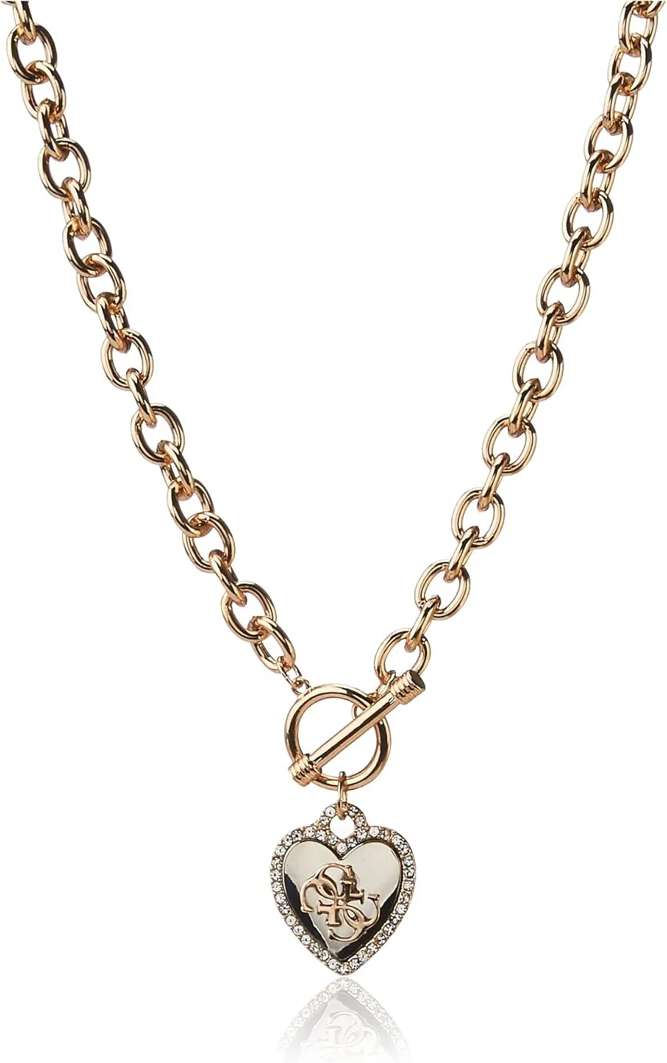 GUESS Womens Pave Framed Heart Toggle Necklace with 4 G Logo Silver/Gold/Crystal One Size