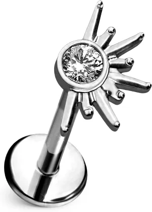 Hallows Eve Flat Back Stud  Single Titanium Earring, Sunburst Design with Clear CZ for Sensitive Ears  (Single Earring)