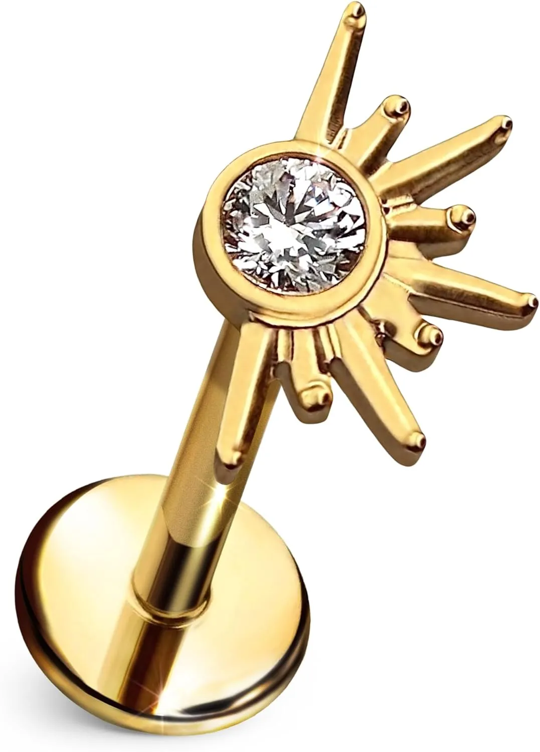 Hallows Eve Flat Back Stud  Single Titanium Earring, Sunburst Design with Clear CZ for Sensitive Ears  (Single Earring)