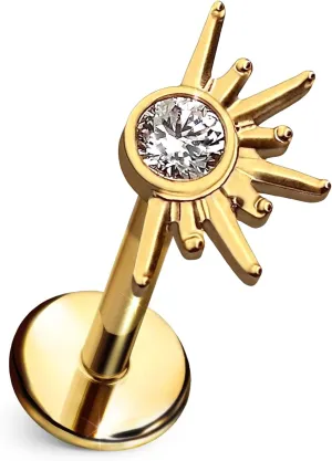 Hallows Eve Flat Back Stud  Single Titanium Earring, Sunburst Design with Clear CZ for Sensitive Ears  (Single Earring)