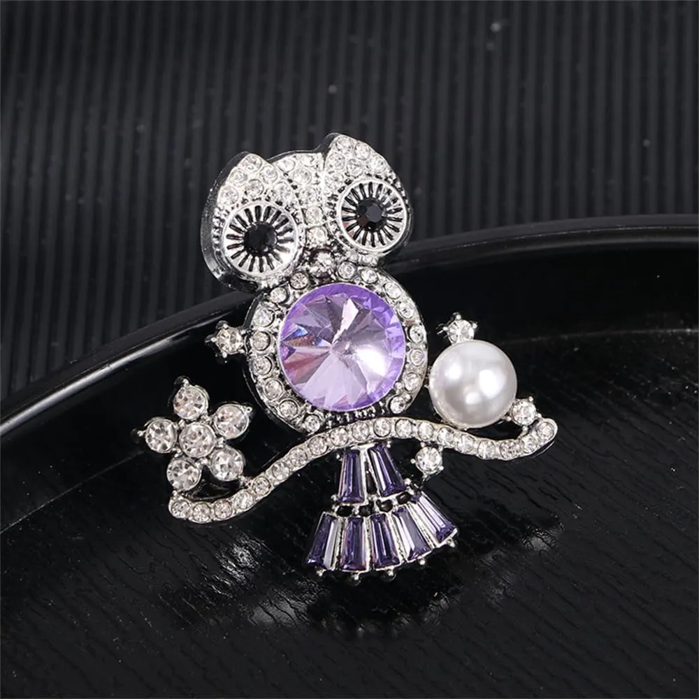 Halo Rhinestone Owl Bird Brooch Pin for Women Student Teacher Silvery Fashion Cute Round Birthstone Crystal Flower Animal Brooches Lapel Birthday Holiday Graduation Dress Accessories