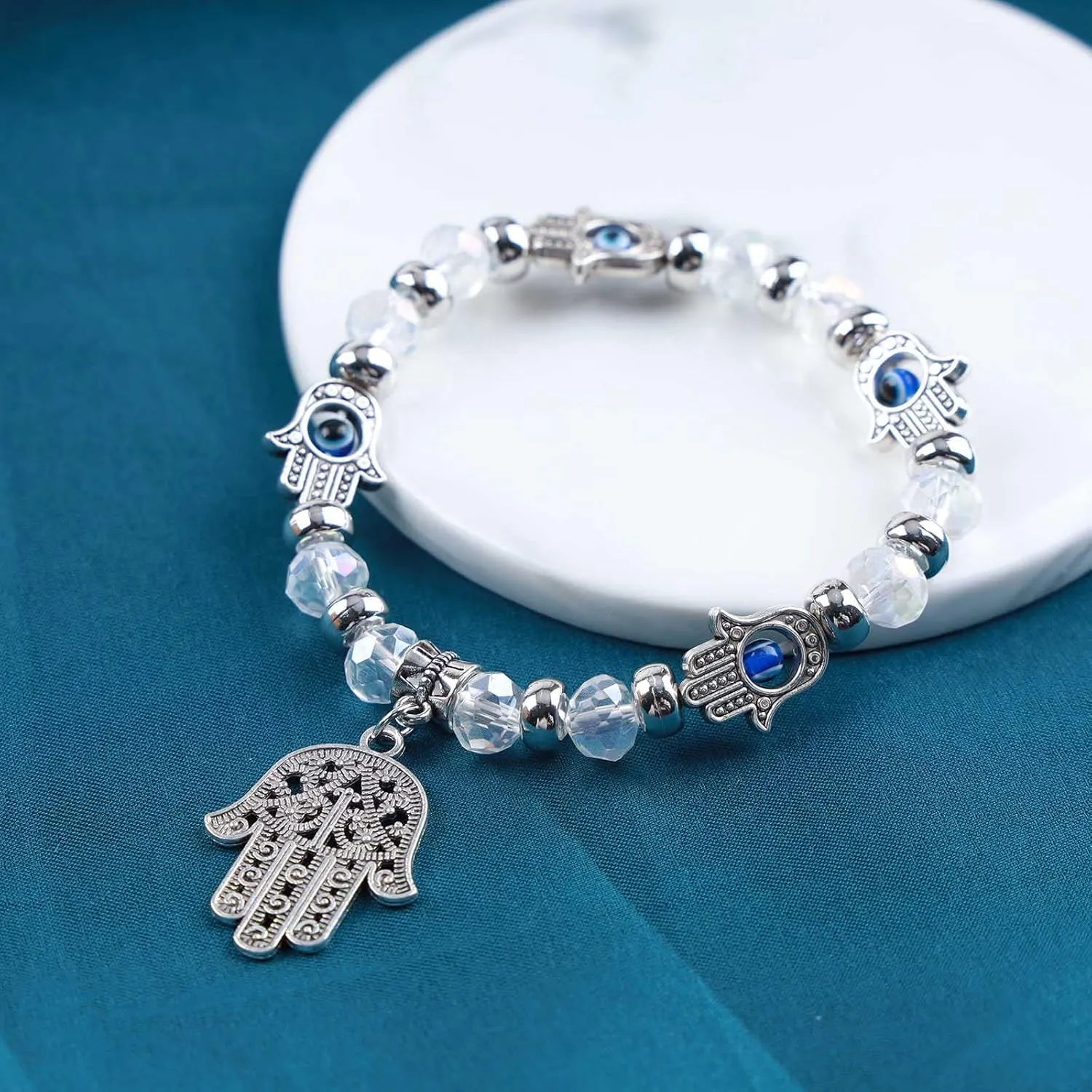 Hamsa Bracelet - Evil Eye Crystal Beaded Bracelet with Blue Eye Hamsa Hand - Turkish Lucky Jewelry for Women & Men
