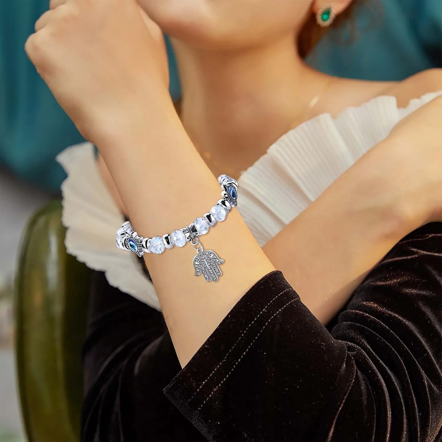 Hamsa Bracelet - Evil Eye Crystal Beaded Bracelet with Blue Eye Hamsa Hand - Turkish Lucky Jewelry for Women & Men