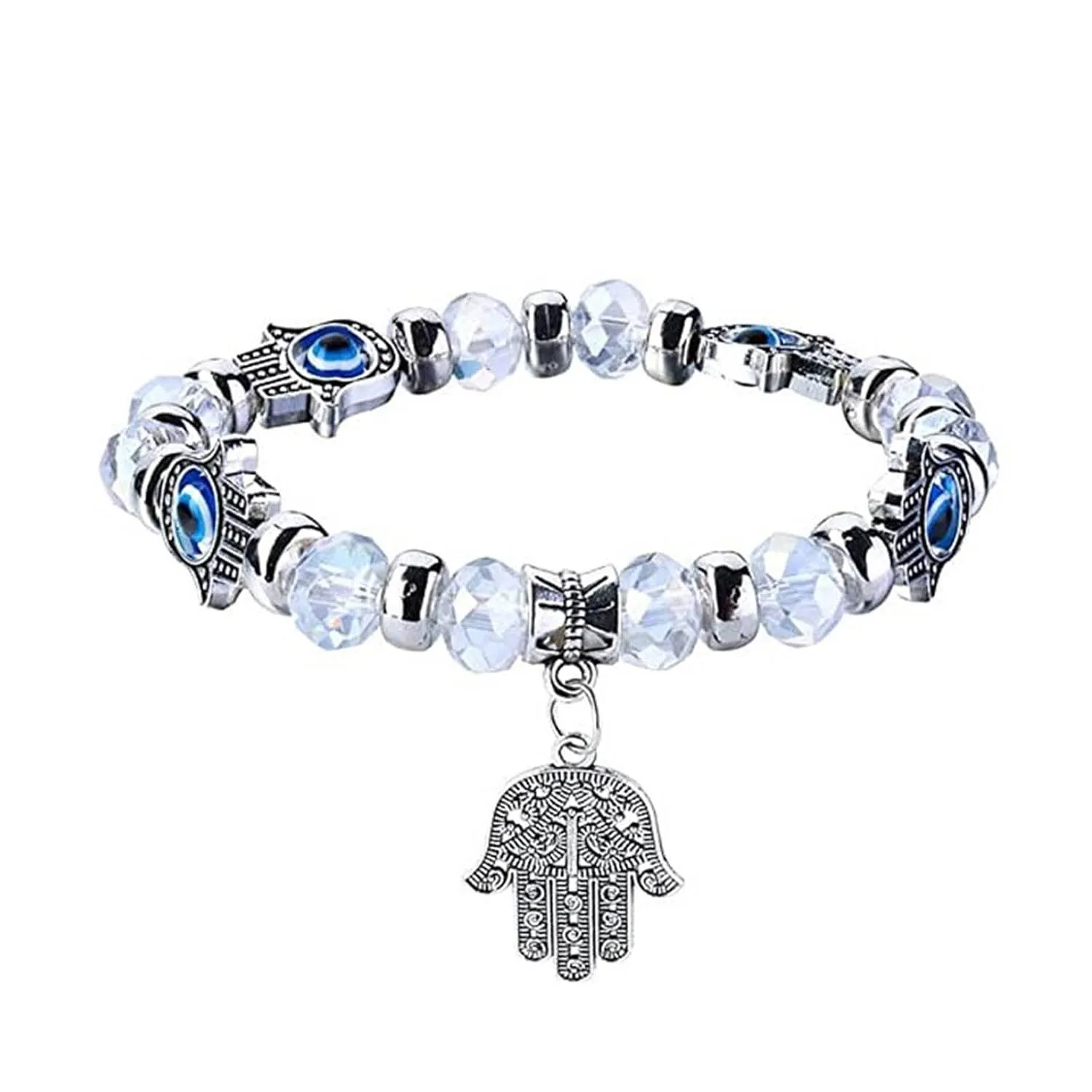 Hamsa Bracelet - Evil Eye Crystal Beaded Bracelet with Blue Eye Hamsa Hand - Turkish Lucky Jewelry for Women & Men