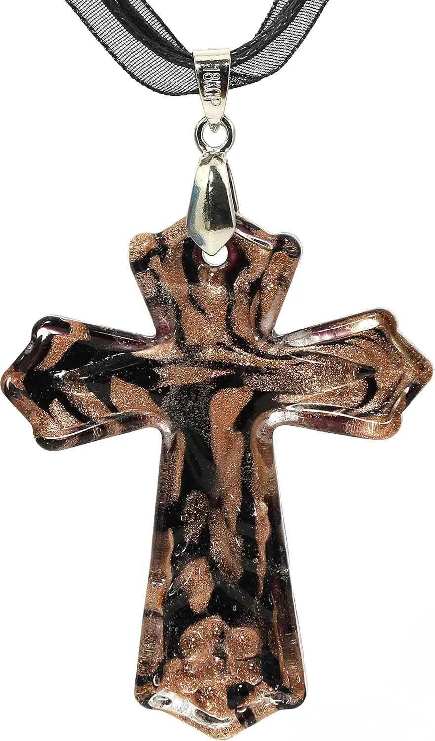 Hand Blown Glass Necklace Religious Cross Gold Black Murano Inspired Pendant