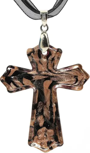 Hand Blown Glass Necklace Religious Cross Gold Black Murano Inspired Pendant