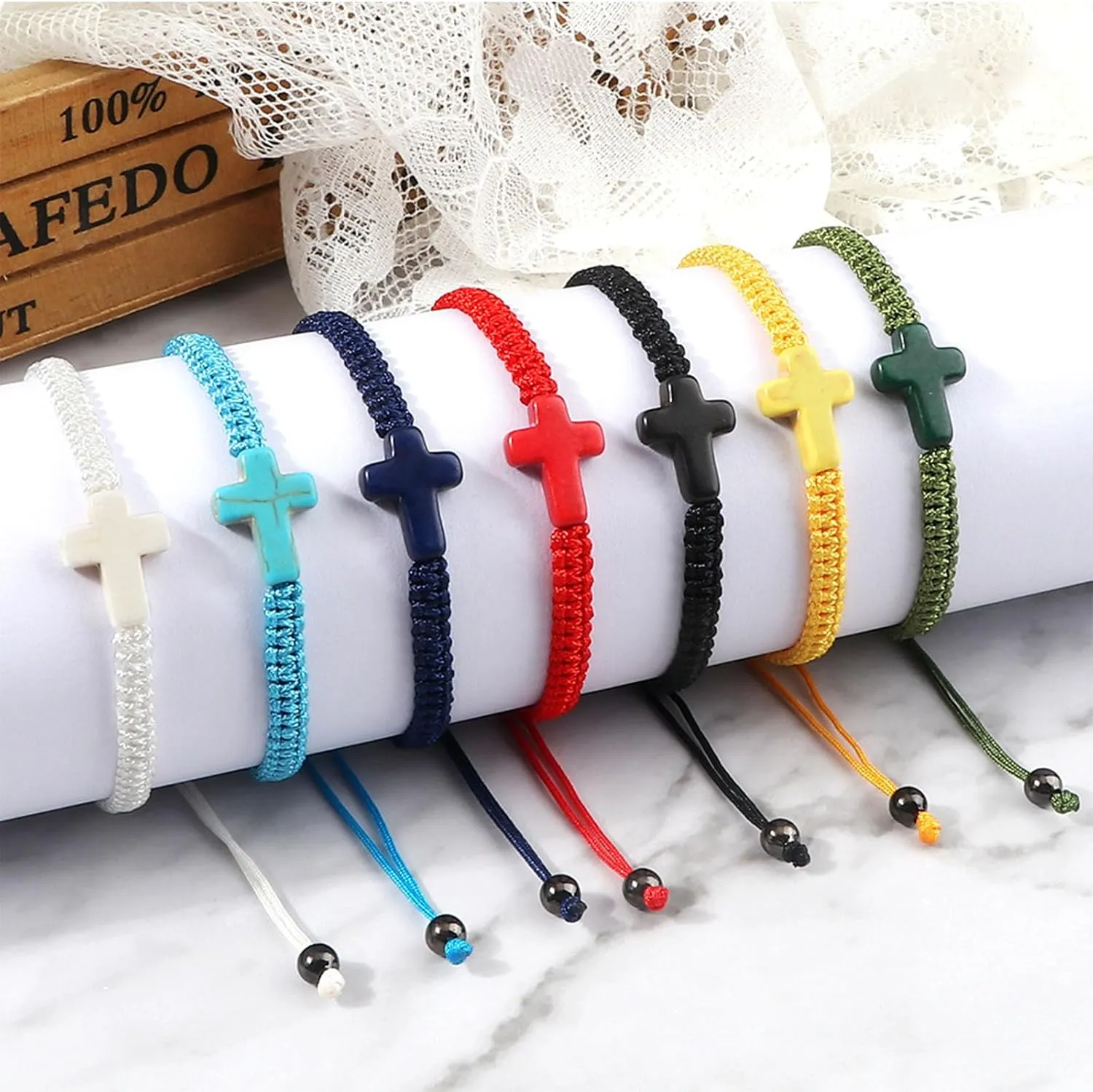 Handmade Colorful Braided Rope Cross Lucky Protection Pray String Bracelet Inspirational Religious Christian Friendship Couple Adjustable Wrist Jewelry for Women Men
