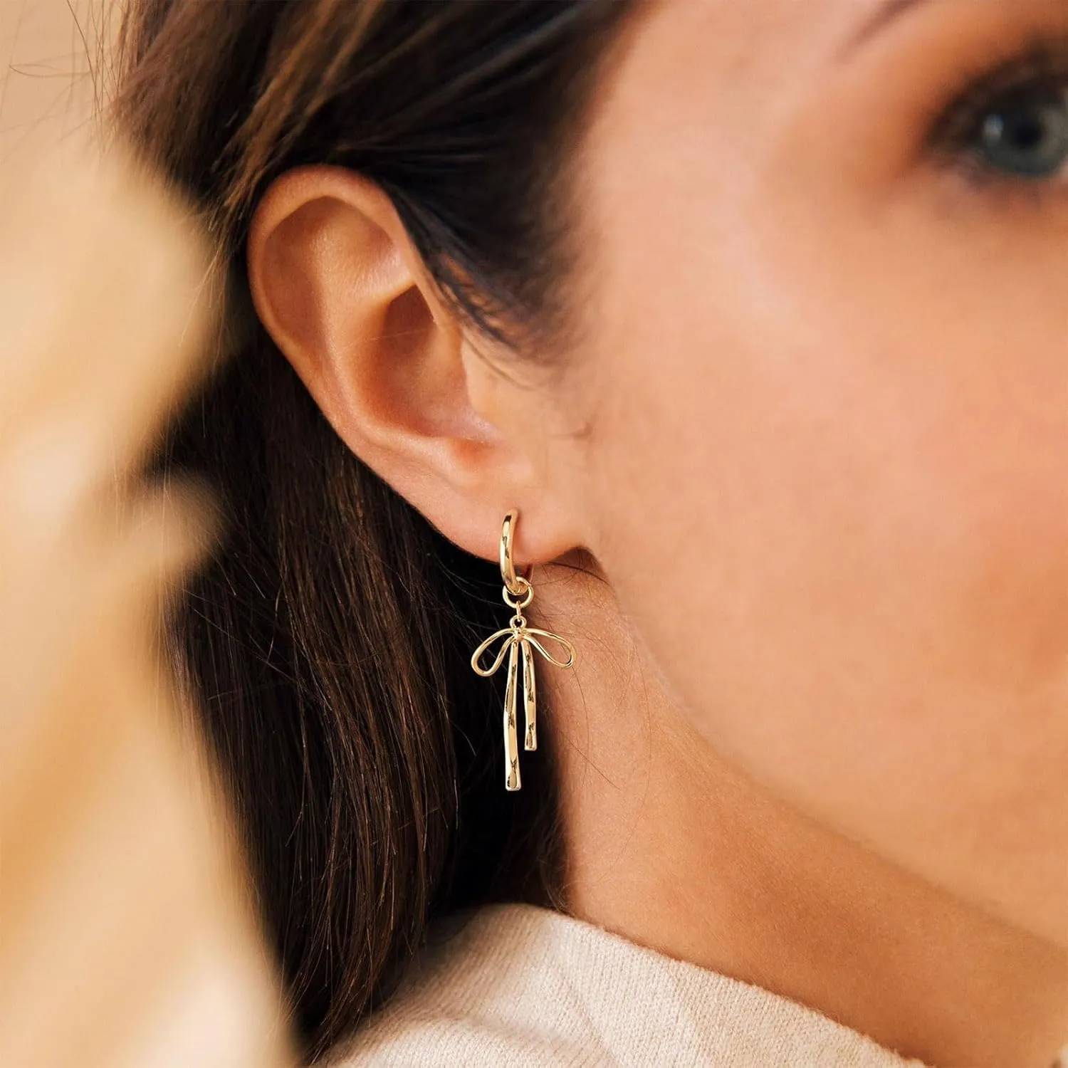 HANLI 14K Gold Plated Bow Studs for Women - Small Ribbon Coquette Earrings, Trendy Jewelry